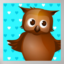 Cute Owl on Blue Heart Pattern Background Print