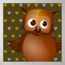 Cute Owl on Brown Heart Pattern Background Posters