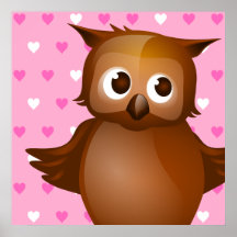 Cute Owl on Pink Heart Pattern Background Posters