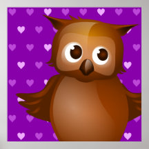 Cute Owl on Purple Heart Pattern Background Poster