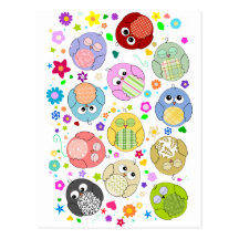 Cute Owls and Flowers pattern Post Card