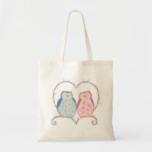 Cute Owls in Love Heart Pink Blue Clipart Canvas Bags
