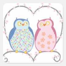 Cute Owls in Love Heart Pink Blue Clipart Square Stickers