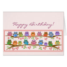 Cute Owls on brenches & text Birthday card