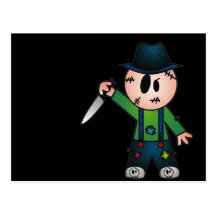 CUTE PATCHY KNIFE-WIELDING KILLER POSTCARD