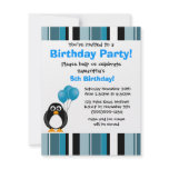 Cute Penguin Birthday Blue Stripe Party Invitation