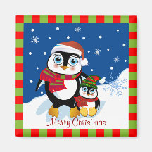 Cute Penguin mum & baby Merry Christmas magnet