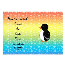 Cute penguin rainbow hearts custom invitations