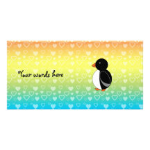 Cute penguin rainbow hearts photo card template