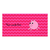 Cute pig pink chevrons customised photo card