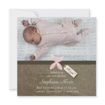 Cute pink brown baby girl photo birth announcement