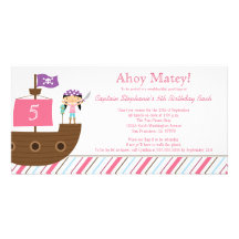 Cute pink girl's pirate birthday party invitation customised photo card