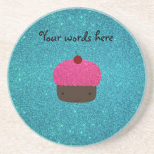 Cute pink glitter cupcake turquoise glitter drink coasters