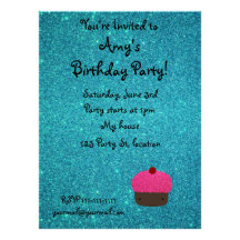 Cute pink glitter cupcake turquoise glitter invitation