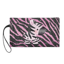Cute Pink Zebra & Black Glitter Animal Print Wristlet Purses