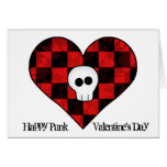 Cute punk goth skull in red chequered heart cards