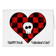 Cute punk goth skull in red chequered heart cards