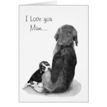 Cute puppy beagle with mum dog realist art card