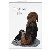 Cute puppy beagle with mum dog realist art card