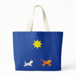 Cute puppy chasing cat blue tote bag