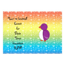 Cute purple penguin rainbow hearts custom announcement