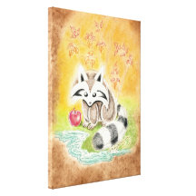 Cute racoon with red apple near pond canvas print