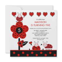 Cute Red & Black Ladybug Birthday Invitation