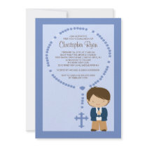 Cute Rosary First Communion Invitation Boy Blue