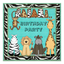 Cute Safari Animals Birthday Party Personalised Announcement