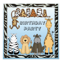 Cute Safari Animals Blue Birthday Party Personalised Invitations