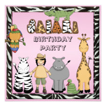 Cute Safari Animals Chic Pink Birthday Party Personalized Invitations