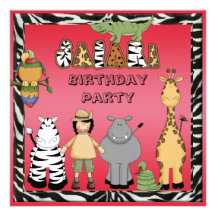 Cute Safari Animals Chic Pink Birthday Party Announcement