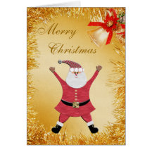 Cute Santa, Gold Tinsel & Bell Christmas Card