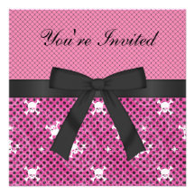 Cute Skulls & Polka Dots Pink Birthday Invites