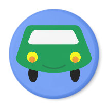 Cute smiling green cartoon car blue magnet