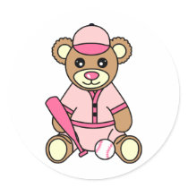 Cute Softball Girl Bear - Pink Round Sticker