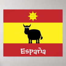 Cute Spanish Bull, Flag & Smiling Sun Poster