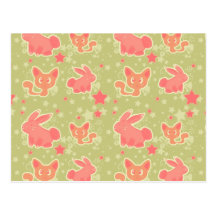 Cute Star Kitty and Bunny Pattern Postcard