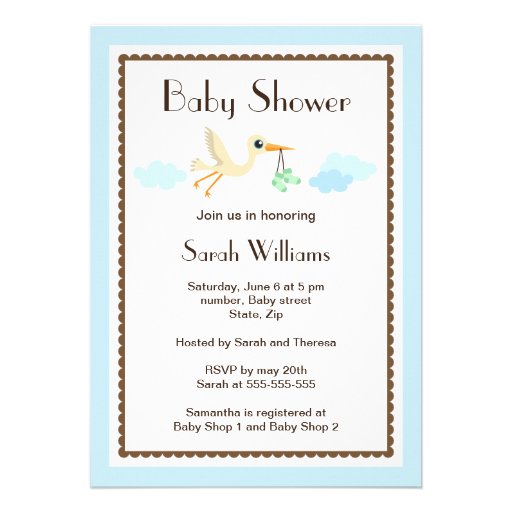 Cute stork with socks blue baby shower invitation