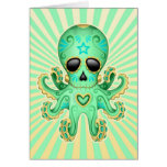 Cute Sugar Skull Zombie Octopus - Green Greeting Cards