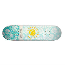 Cute Sun; Teal Damask Custom Skate Board
