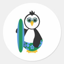 Cute Sunny Surfer Penguin Round Sticker