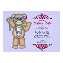 CUTE Sweet Mardi Gras Bithday Teddy Bear With Red  Custom Announcements