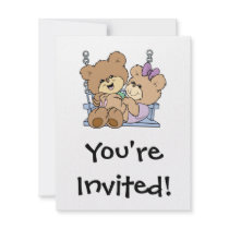 cute teddy bear couple romance on bench swing invite