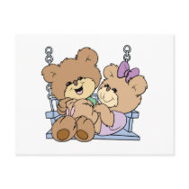 cute teddy bear couple romance on bench swing postcards