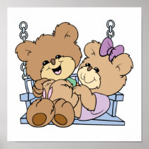 cute teddy bear couple romance on bench swing posters