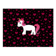 Cute unicorn black pink hearts post card