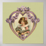 Cute Vintage Girl & Kitten Floral Heart Print