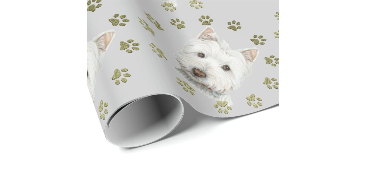 Cute Westie Dog and Paws Art Wrapping Paper | Zazzle