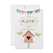 Cute Whimsical Birds And Birdhouse R.S.V.P. Custom Announcements
